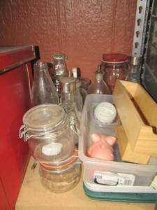 lot 81 image: glass jars with lids, soup dishes wooden and glass tray and more