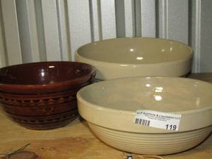 lot 119 image: 2 white ceramic bowls 1 is by Marshall pottery, 1 brown pottery bowl by mar-crest stoneware