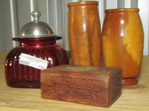 lot 120 image: wood turned vases qty 2, red decorative covered dish, carved jewelry box