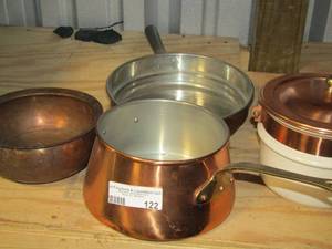 lot 122 image: COPPER COOKWARE  includes, skillet,  double boiler, and 1 bowl