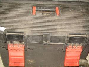 lot 123 image: tool box with Christmas bags, ribbon, bows and more