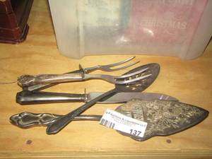lot 137 image: Silver plated serving pieces - MEAT FORKS  KNIFE  CAKEPIE SERVERS