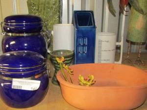 lot 140 image: covered blue jars- cups and more