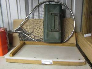 lot 158 image: outdoor items such as fishing net and empty tackle box with fish filleting board