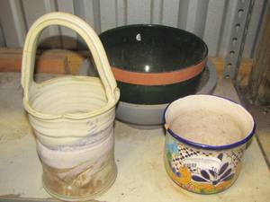 lot 167 image: handled pottery vase, pot planters qty 3
