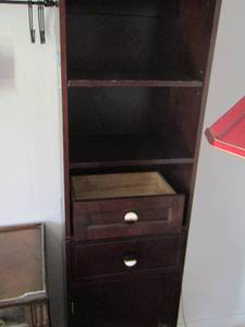 lot 260 image: 62 x 17 x 11 single shelf 2 tier top shelving, bottom draw and door