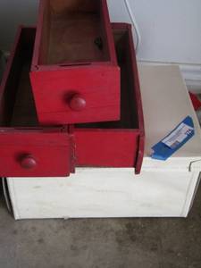 lot 276 image: 3 red single draws used for sewing table and 1 storage box