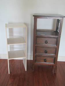 lot 23 image: 32x12x12   2 tier white shelf,     3 drawer corner shelf size 38x17x13