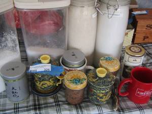lot 325 image: sugar and flour canister, coffee cups and cream and sugar dishes