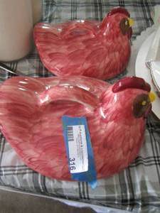 lot 316 image: 2 porcelain rooster cookie jar tops and 1 cake plate