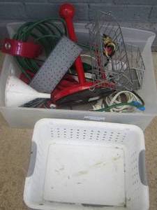 lot 12 image: Misc lot - includes  cord,  funnel, paper towel holder, 2 drawers from sewing machine, candle  PLUS