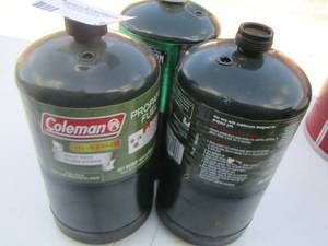 lot 35 image: 3 bottles of used propane for lanterns
