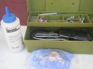 lot 42 image: small green tool box with misc. tools
