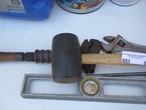 lot 83 image: tool lot- level-screw drivers- mallet and more