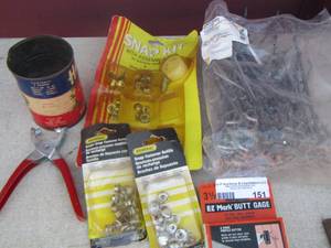 lot 151 image: various size hooks for peg board shelving, snap fastener, e-z mark butt gage