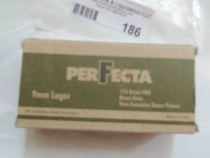 lot 186 image: 9MM LUGAR by PERFECTA 115 GR FMJ BX OF 50