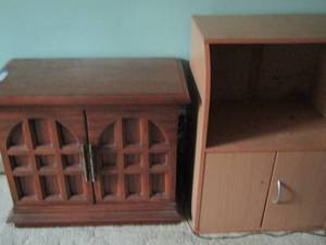 lot 107 image: 2 SIDE TABLES 23X28X15 BROWN ONE- TAN ONE IS 31X22X16