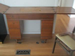lot 133 image: 31x37x18 sewing table has wooden chair, sewing machine not included but comes with sewing thread needles, and more