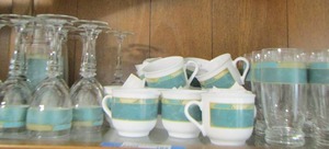 lot 182 image: Arcopal Cortina 5 12 tumbler glasses qty 12,  6oz. coffee cups qty 12,  wine glasses, 1 Pitcher, 1 creamer