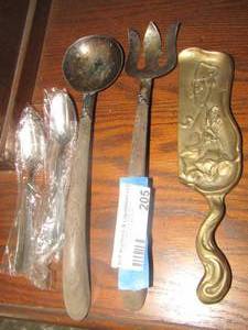 lot 205 image: Silver serving utensils, covered candle holder, 2 candle stands