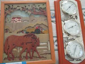 lot 350 image: 12 129 12 hanging handmade wooden art, vintage barometers weather station