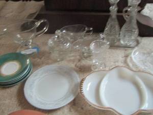 lot 363 image: Kitchen lot- creamer, vinegar and oil- canisters- fire king dishes-