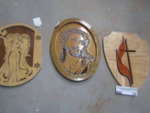lot 70 image: Carved wooden wall art  - ANGEL , JESUS, CROSS -
