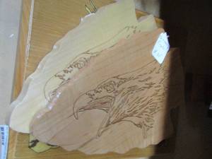 lot 153 image: Spear head - wooden eagle plaque qty 3 beautiful wood work