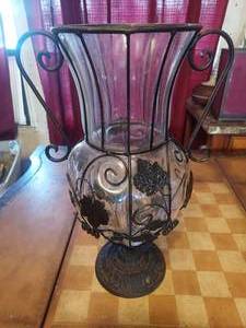 lot 39 image: MCM Metal caged glass vase grape leaf design footed