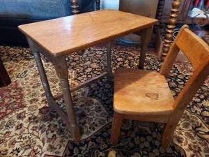 lot 56 image: Vintage Childrens wooden school desk with chair
