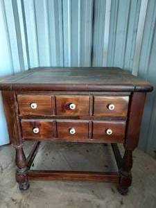 lot 97 image: Vintage Ethan Allen Dark Antiqued Pine Old Tavern Two Drawer End Table Circa 1960s  24x25x25