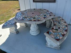 lot 499 image: Custom inlaid concrete patio table and benches