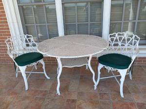 lot 493 image: Iron patio furniture set of three, table and two chairs