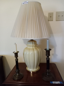 lot 439 image: Brass candle stick holders and ceramic occasional lamp