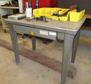 lot 220 image: Metal utility table with single drawer plus assorted contents