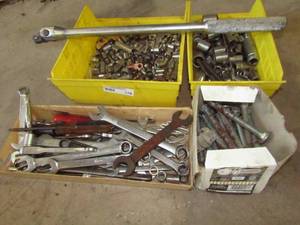 lot 176 image: Assorted tools and hardware, sockets, wrenches etc.