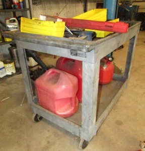 lot 173 image: Utility cart plus contents, gas cans, misc. tools and hardware