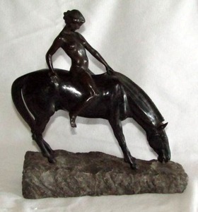 lot 374 image: Bronze woman on horse statue on marble base
