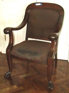 lot 378 image: Vintage claw foot wood frame soft leather upholstered occasional chair