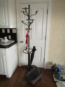 lot 383 image: Coat tree plus umbrellas and basket
