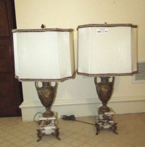 lot 412 image: Vintage solid marble base and brass body trophy lamps set of two (Bid is times the quantity of 2)