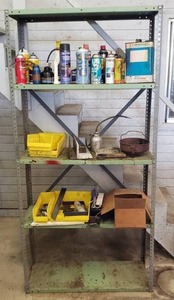 lot 33 image: Metal Shelf w Assorted Sprays, Oils & Lubricants.  Includes Everything Pictured.