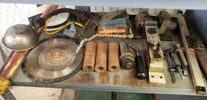 lot 59 image: Lot of Misc Lathe & Metal Working Accessories.  Magnetic Light, Blades, Coolant Hoses, Cord Reel & More.