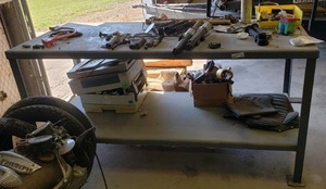 lot 107 image: Industrial Metal Shop Table. Contents Not Included.