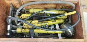 lot 117 image: Enerpac steel hydraulic pumps in wood crate with accessories