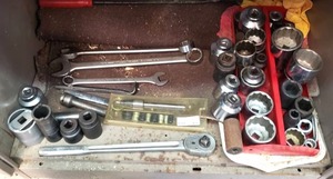 lot 126 image: Large sockets (2.5 and other sizes) and ratchet plus wrenches as shown