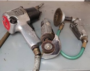 lot 132 image: Pneumatics tools including Ingersoll Rand impact wrench, Chicago Pneumatic die grinder, and side grinder (Bid is times the quantity of 3)