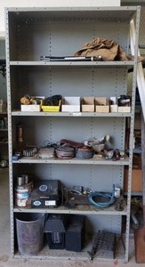 lot 136 image: Metal utility shelf plus contents including hardware, parts, wire spools and more as shown
