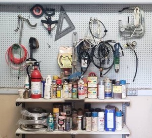 lot 158 image: Contents of shelves and wall as shown including tools, chemicals and more