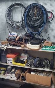 lot 160 image: Contents of shelf and wall as shown including tools, cart wheels, and much more